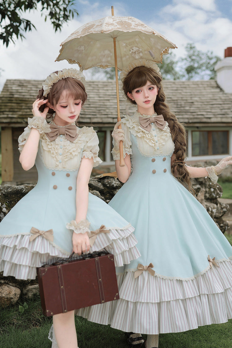 Blue [Sea Salt Snow Cap] Stand Collar Short Sleeves Petal Hem Ruffled Bow Sweet Lolita Dress Set 2 Versions - Product - 17