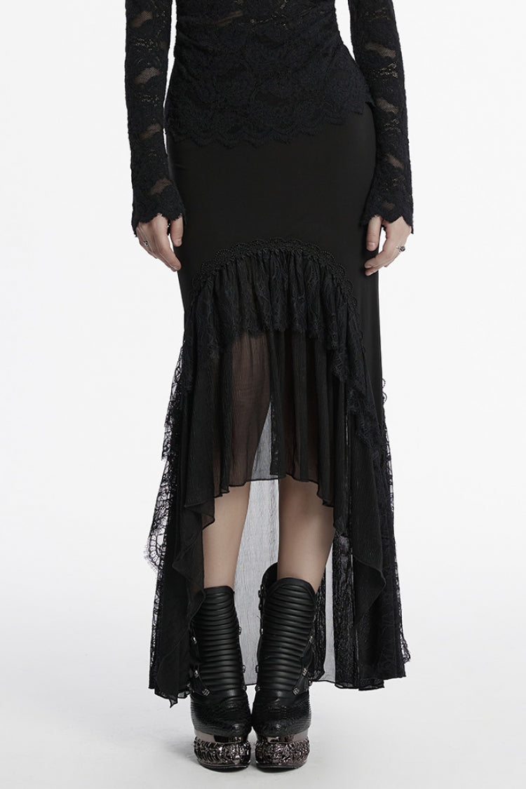 Black Ruffle Stitching Lace Women's Gothic Fishtail Skirt - Black - 1