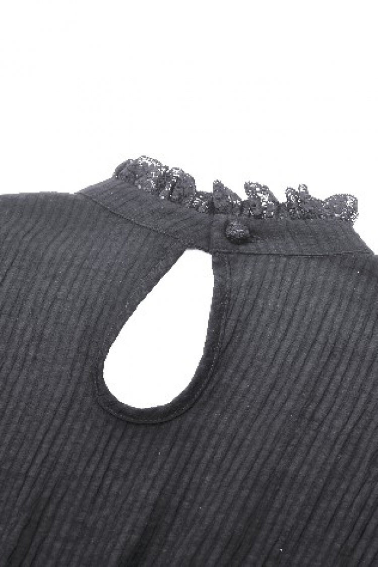 Black Lace Ruffled Stand Collar Long Puff Sleeves Cut-Out Women's Gothic Grad Dress - Product - 14