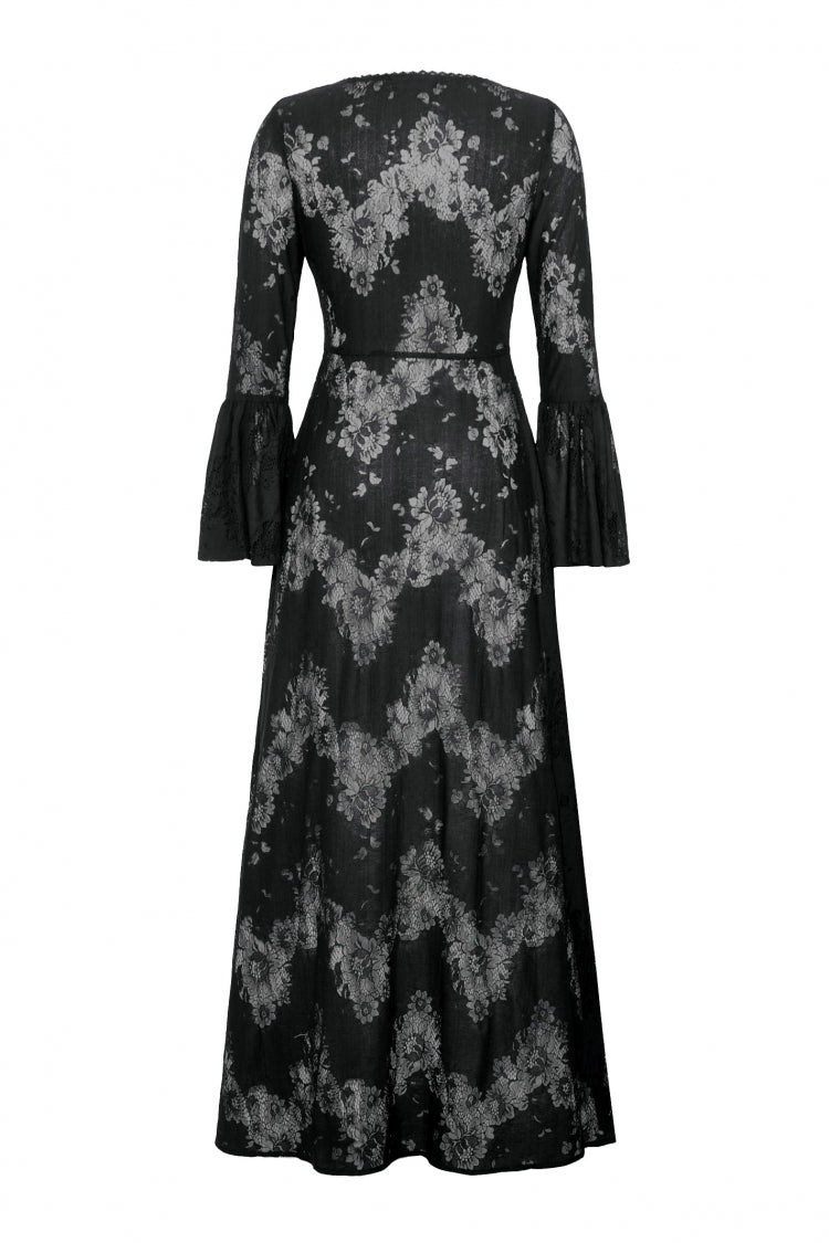 Black Long Flared Sleeves Lace Trimmed Lace-Up Women's Gothic Elegant Robe - Product - 15