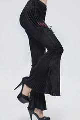 Black Gothic Striped Flocking V-Shaped Cross Lace Stitching Flared Women's Pants - Product - 3
