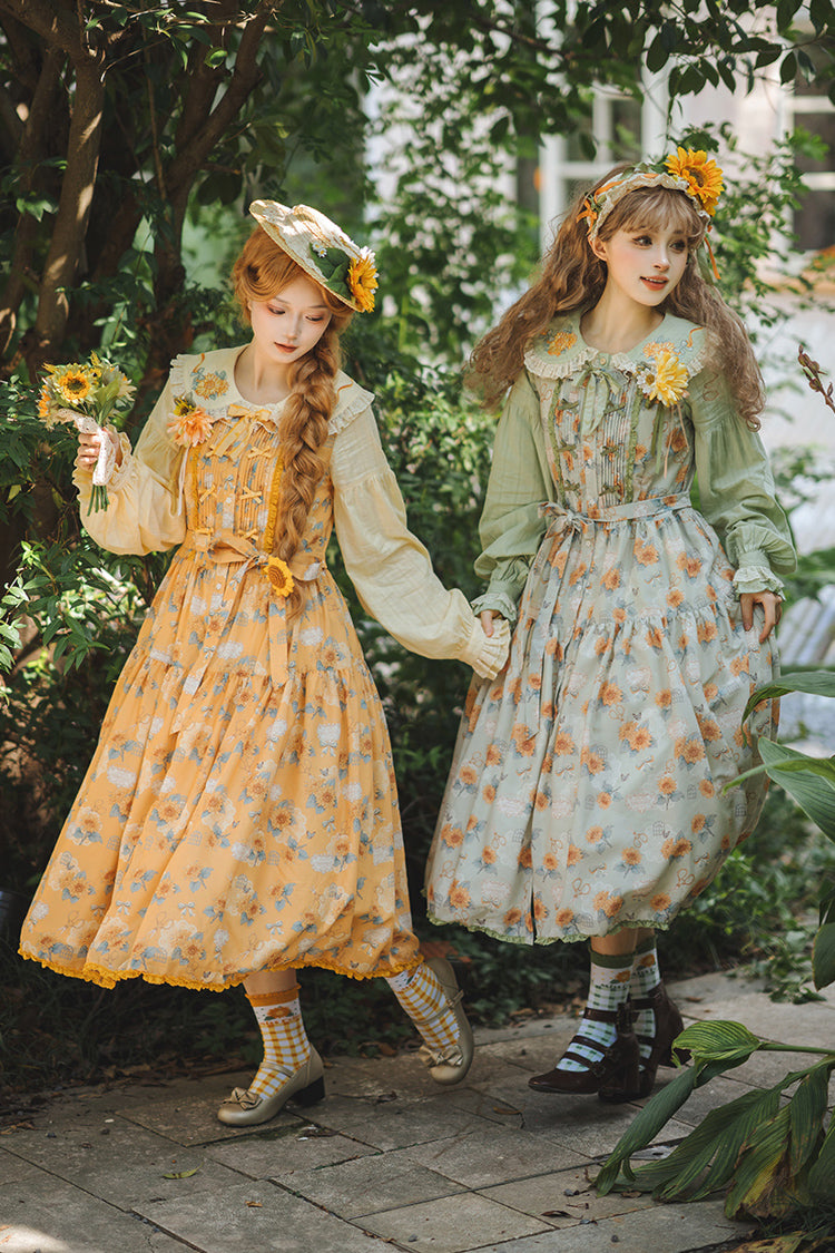 Green [Gardening Sunflower] Sleeveless Print Ruffle Bowknot Sweet Elegant Lolita Jsk Dress - Product - 15