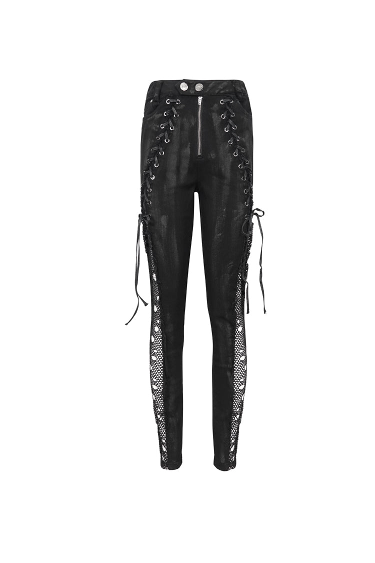 Black Stretch Twill Paneled Mesh Perforated Women's Punk Trousers - Product - 7