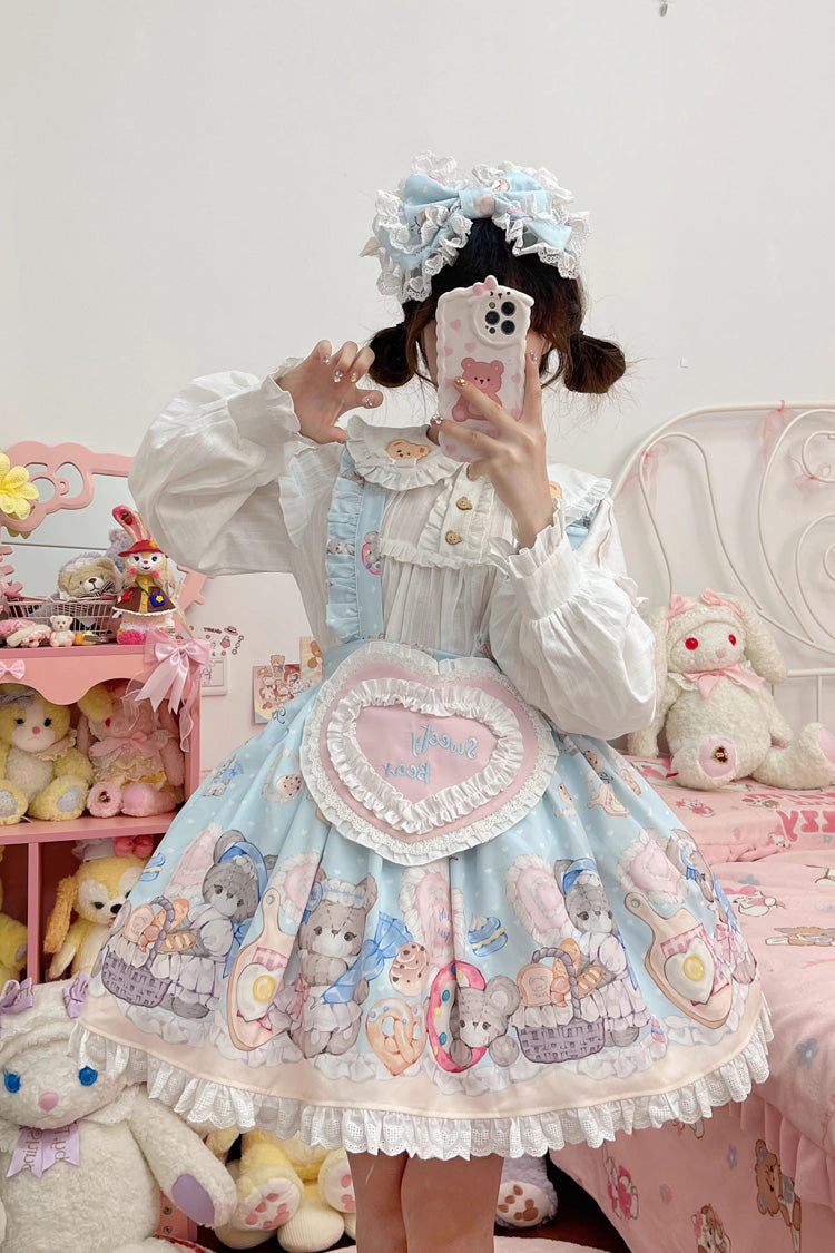 Blue Baked Bear Print Ruffle Sweet Lolita Skirt - Product - 4