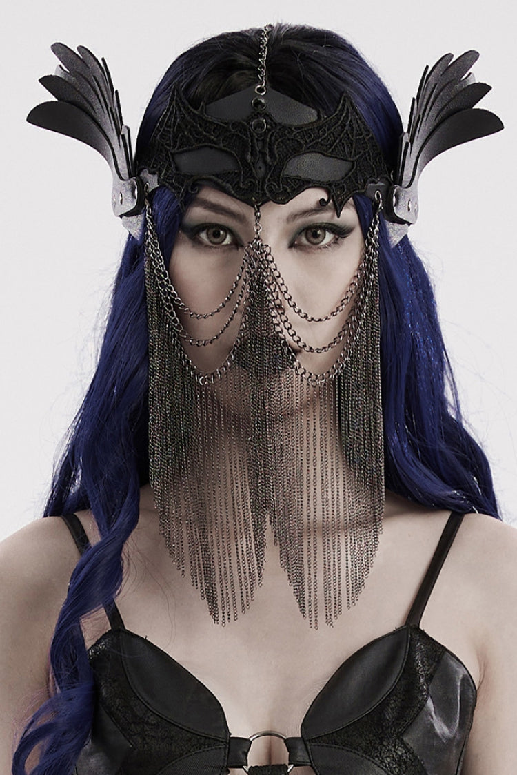 Black Artificial Leather Stitching Bat Shaped Lace Tassel Women's Steampunk Chain Mask - Black - 1