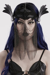 Black Artificial Leather Stitching Bat Shaped Lace Tassel Women's Steampunk Chain Mask - Black - 1