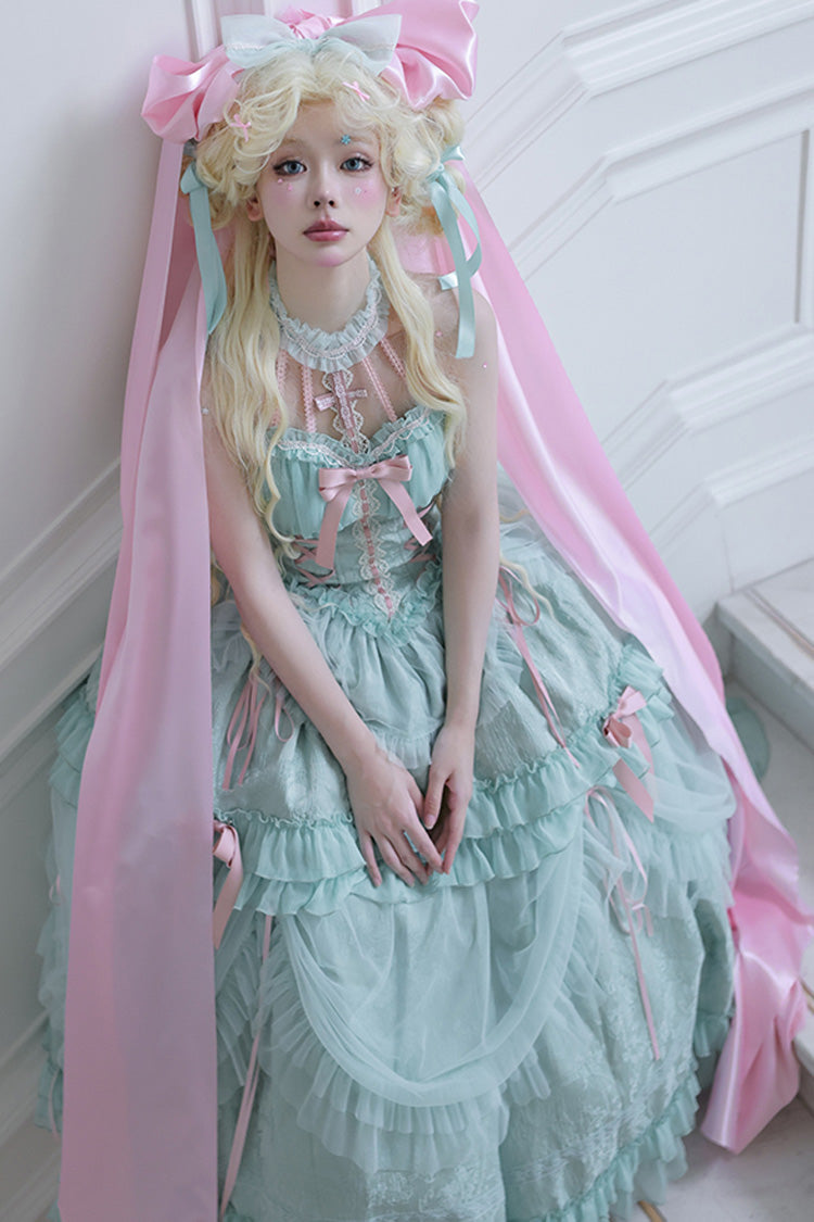 Green Cross Halterneck Ruffle Bowknot Lace Lace-Up Princess Sweet Lolita Dress - Product - 6
