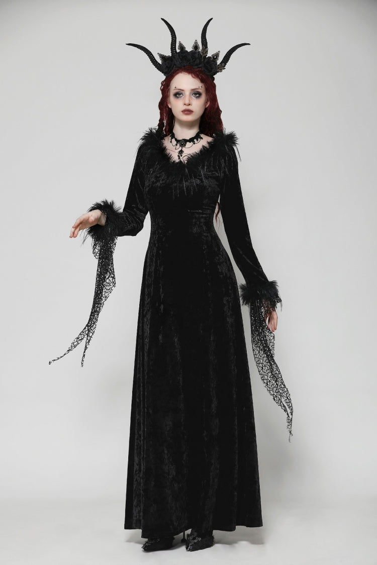 Black Long Sleeves Velvet Lace Women's Gothic Maxi Dress Wedding Dress - Product - 5