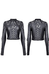 Black/Grey Gothic Perspective Elasticity Skeleton Print Cross Tie Rope Design Mesh Women's T-Shirt - Product - 5