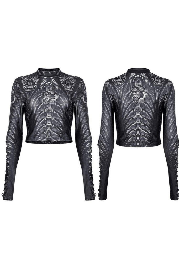 Black/Grey Gothic Perspective Elasticity Skeleton Print Cross Tie Rope Design Mesh Women's T-Shirt - Product - 5
