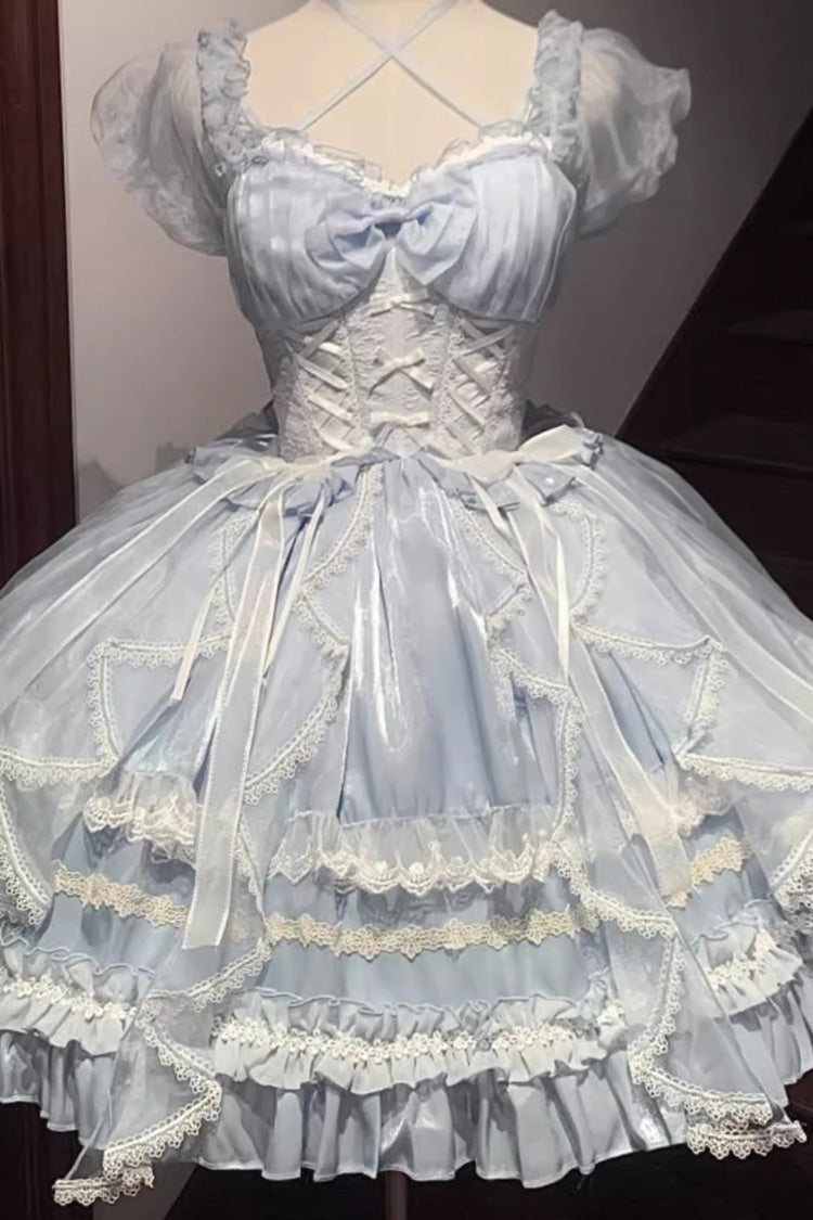 Glaze Fantasy Short Sleeves Ruffle Embroidery Bowknot Sweet Lolita Op Dress 6 Colors - Blue