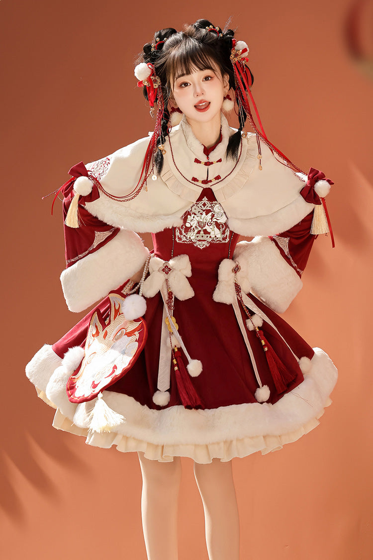 Red Long Sleeves Ruffle Embroidery Bowknot Chinese Style Sweet Lolita Hanfu Dress - Red - 1