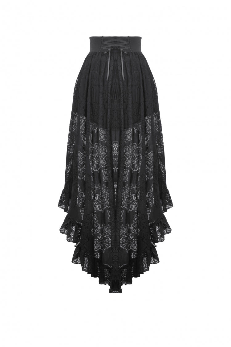 Black Women's Gothic Princess High Waisted Lace Lace-Up Buckled High/Low Tail Hem Maxi Skirt - Product - 16