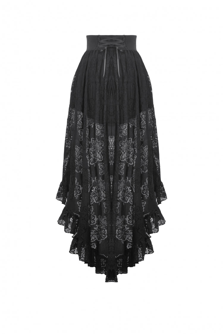 Black Women's Gothic Princess High Waisted Lace Lace-Up Buckled High/Low Tail Hem Maxi Skirt - Product - 16