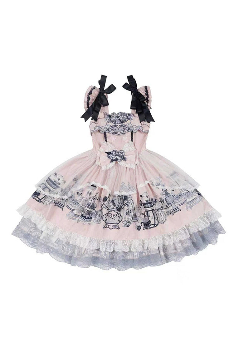 Pink [Celadon Jade Cup] Square Collar Flutter Sleeves Printed Ruffled Embroidered Bow Lace Classic Chinese Inspired Lolita Jsk Dress - Product - 5