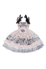 Pink [Celadon Jade Cup] Square Collar Flutter Sleeves Printed Ruffled Embroidered Bow Lace Classic Chinese Inspired Lolita Jsk Dress - Product - 5