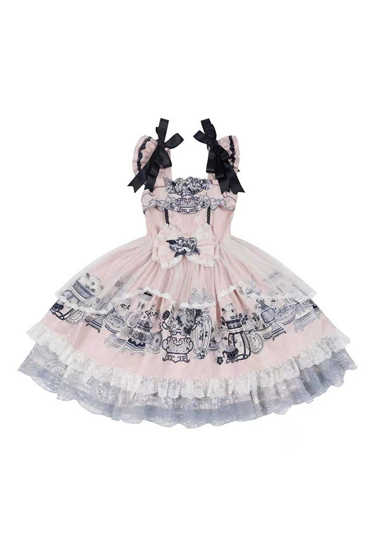 Pink [Celadon Jade Cup] Square Collar Flutter Sleeves Printed Ruffled Embroidered Bow Lace Classic Chinese Inspired Lolita Jsk Dress - Product - 5