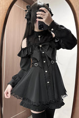 Black Long Sleeves Ruffle Stitching Lace Jirai Kei Japanese Strapless Dress Set - Black - 1