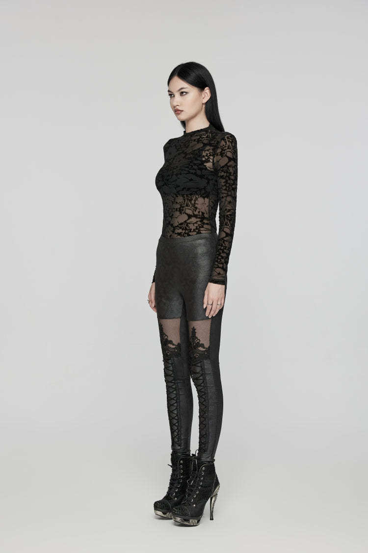 Black Embroidered Spliced Sheer Women's Gothic Leggings - Product - 2