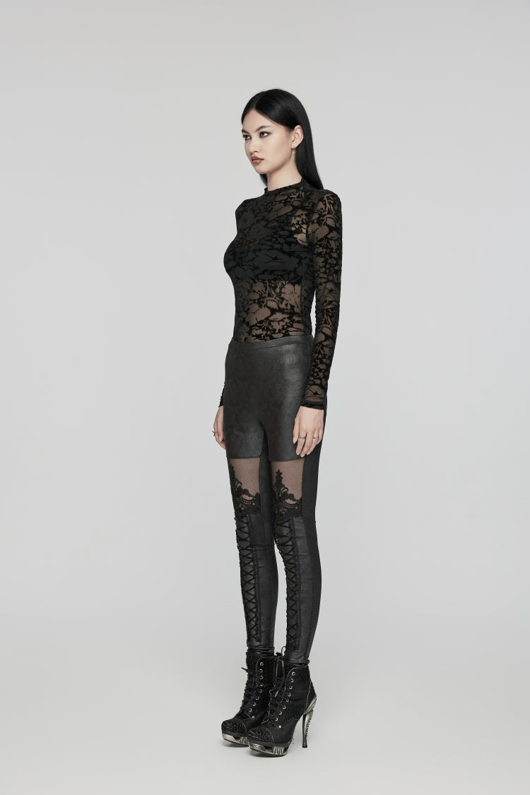 Black Embroidered Spliced Sheer Women's Gothic Leggings - Product - 2