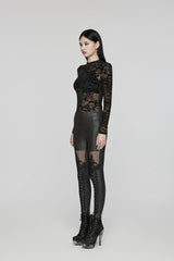 Black Embroidered Spliced Sheer Women's Gothic Leggings - Product - 2