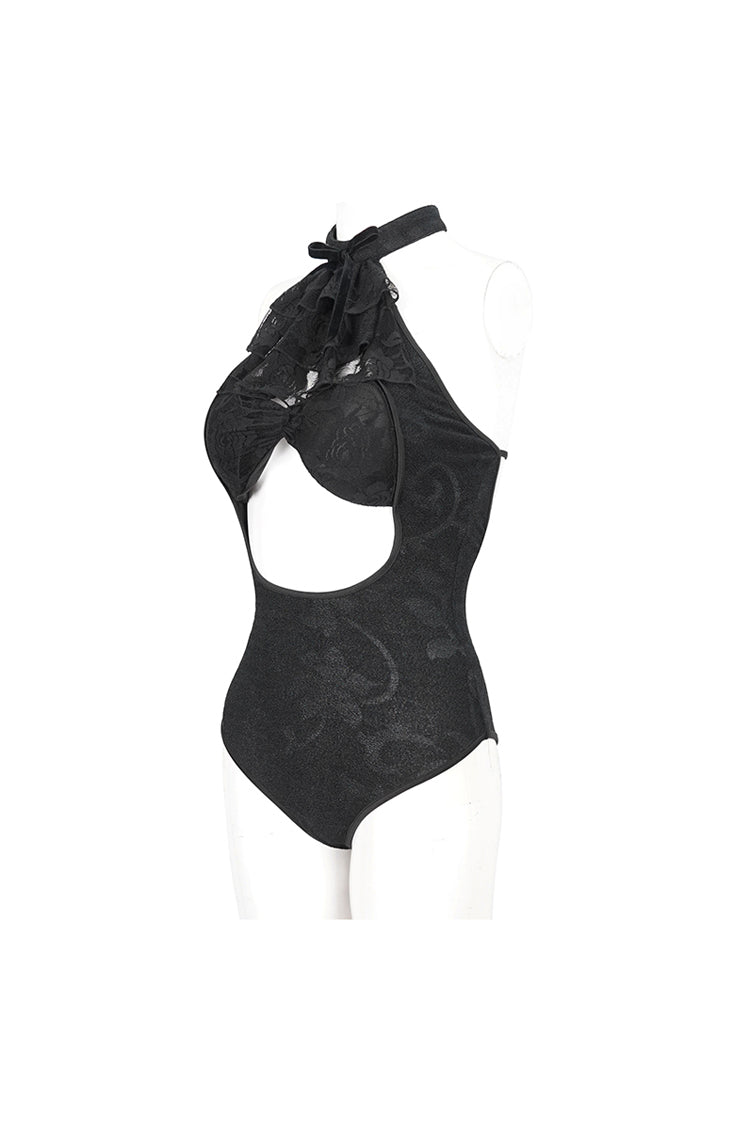 Black Stretch Textured Print Butterfly Halterneck Lace Women's Gothic One Piece Swimsuit - Product - 8