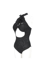 Black Stretch Textured Print Butterfly Halterneck Lace Women's Gothic One Piece Swimsuit - Product - 8