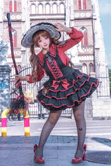 Black/Red [Showa Cake] Sleeveless Triple-Layered Ruffled Bow Lace-Up Witch Gothic Lolita Jsk Dress - Black/Red-Dress - 1