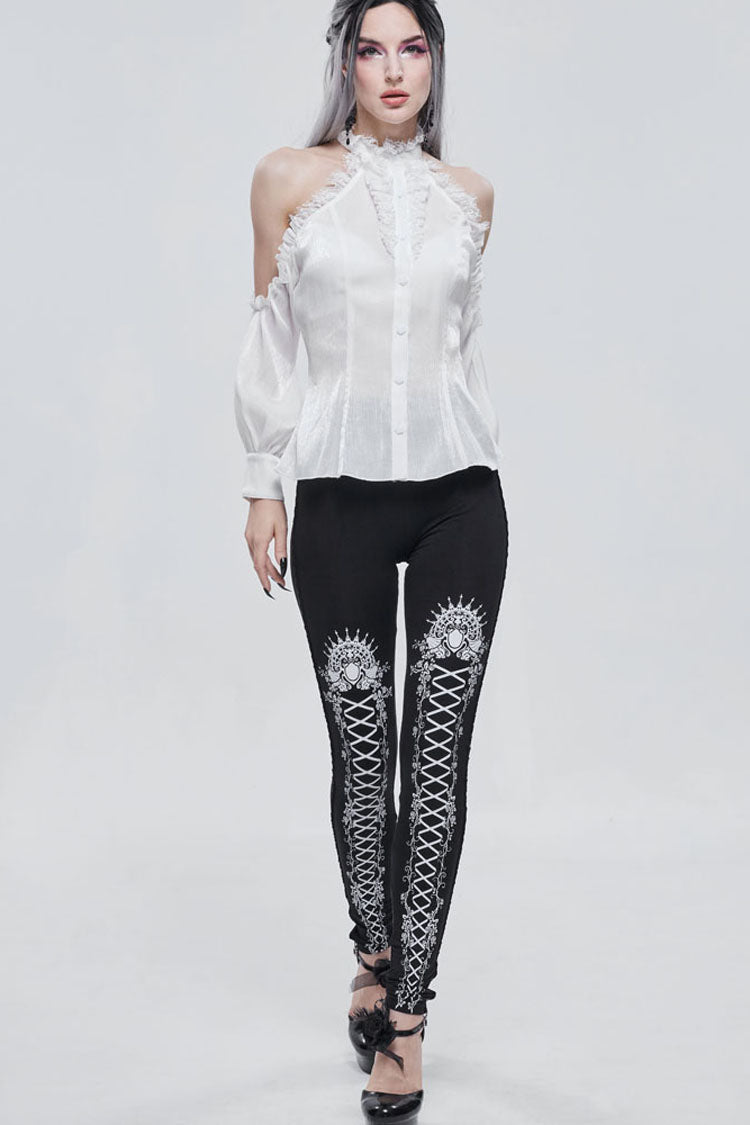 White Gothic Off-The-Shoulder Halter Lace Ruffled Lantern Sleeves Women's Shirt - Product - 10