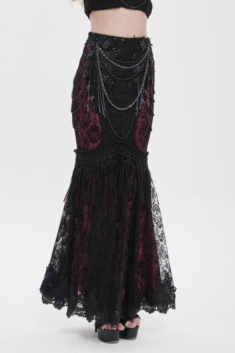 Black/Red Double-Layered Embroidered Lace Slim Pearl-Decorated Women's Gothic Skirt - Product - 6