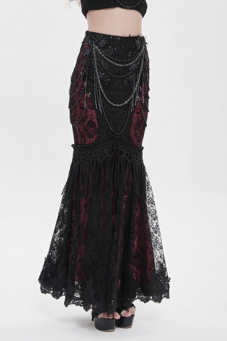 Black/Red Double-Layered Embroidered Lace Slim Pearl-Decorated Women's Gothic Skirt - Product - 6