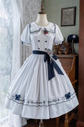 White Navy Stripe Print Short Sleeves Ruffle Embroidery Sweet (Dress Only) front view