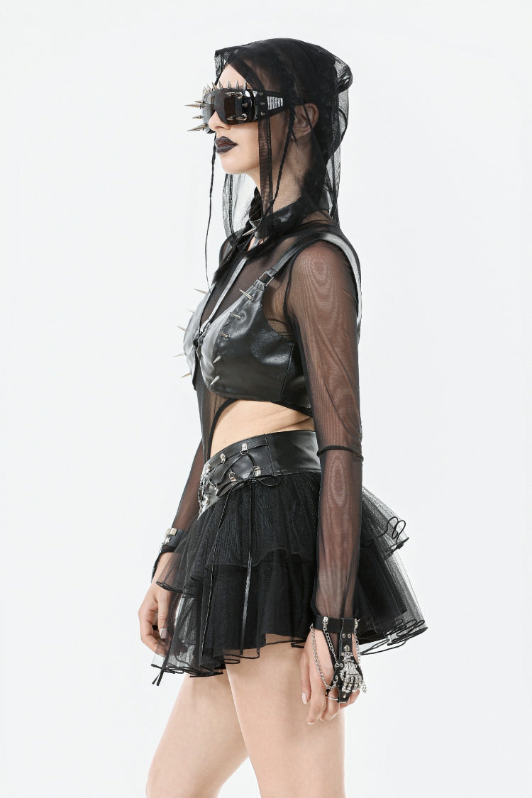 Black Multi-Layered Lace Mesh Women's Punk Short Skirt with D-Ring Ties Waist - Product - 10