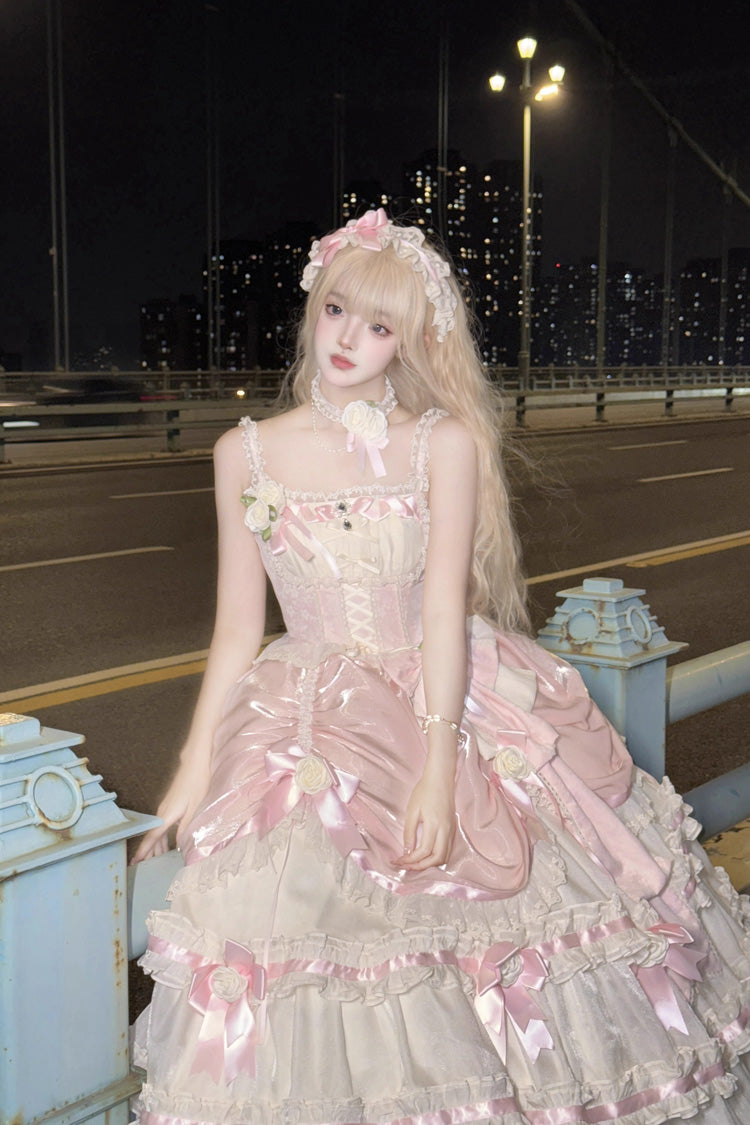 Apricot/Pink Multi-layer Ruffle Hanayome Bowknot Sweet Princess Gorgeous Long Lolita Jsk Dress - Product - 8