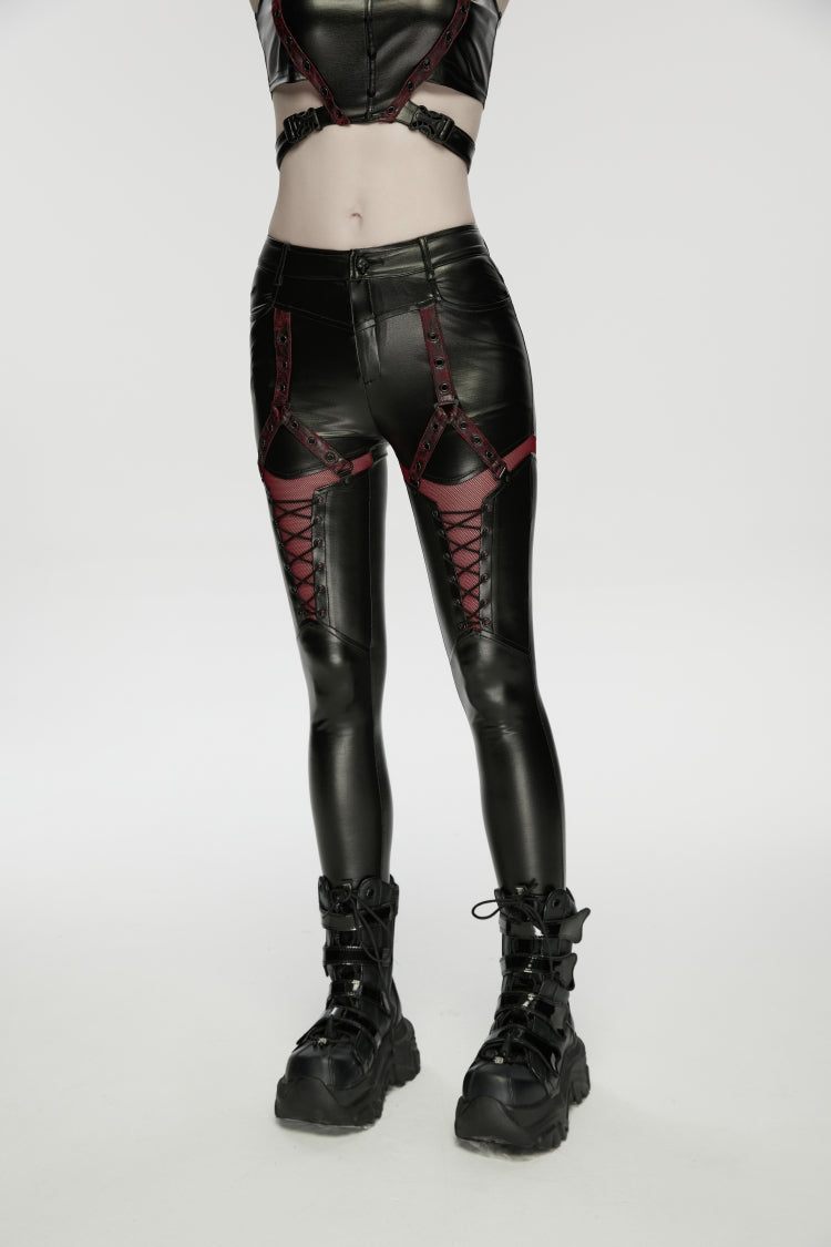 Black/Red Cut-Out Spliced Eyelet Mesh Women's Punk Leggings - Product - 8