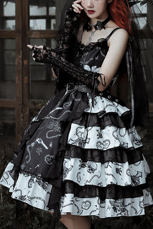 Black/White Vampire Diaries Cross Print Contrast Stitching Multi-Layer Ruffled Gothic Lolita Jsk Dress - Black/White - 1