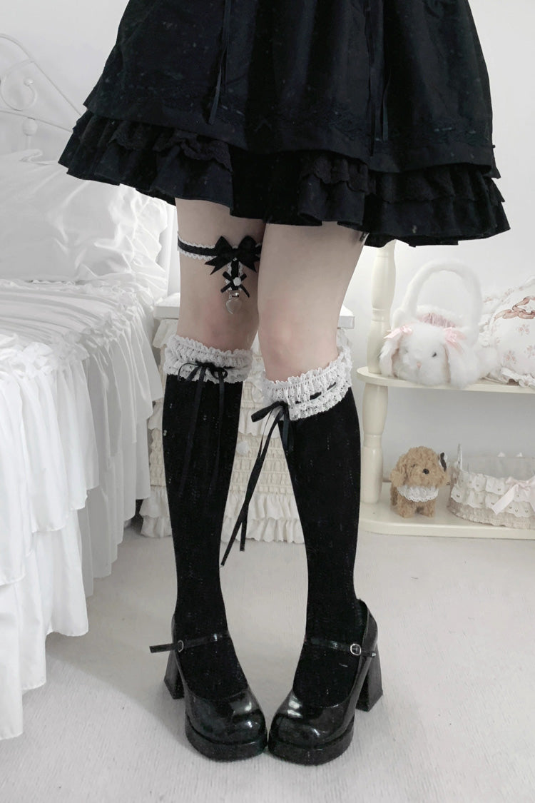 Sweet Ruffle Bowknot Lace Ballet Lolita Calf Socks 6 Colors - Black/White - 5