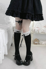 Sweet Ruffle Bowknot Lace Ballet Lolita Calf Socks 6 Colors - Black/White - 5