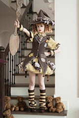 Brown/Yellow [Witch and Paradise] Short Sleeves Ruffle Bowknot Sweet Japanese Halloween Lolita Dress Vest Set - Product - 7