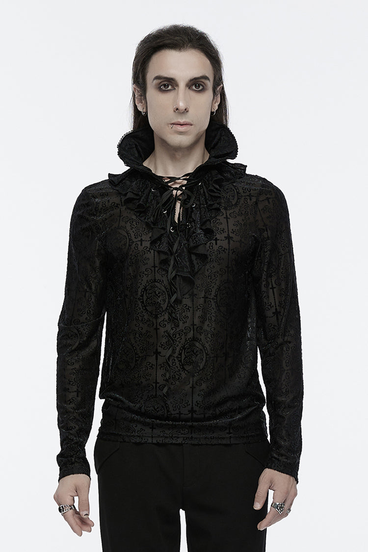 Black Stand Collar Long Sleeves Print Ruffle Men's Gothic Blouse - Black - 1