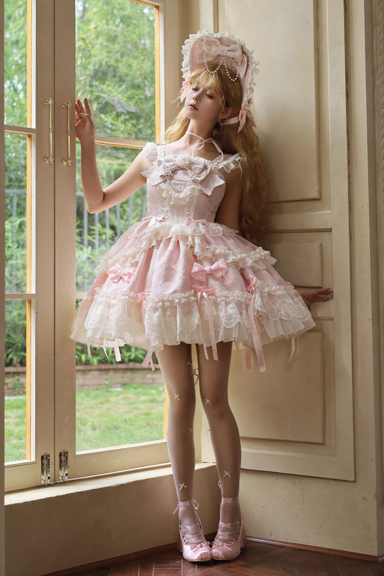 Pink [Blossoming Heart Love ] Sleeveless Dark Jacquard Print Bowknot Lace Sweet Lolita Jsk Dress - Product - 6
