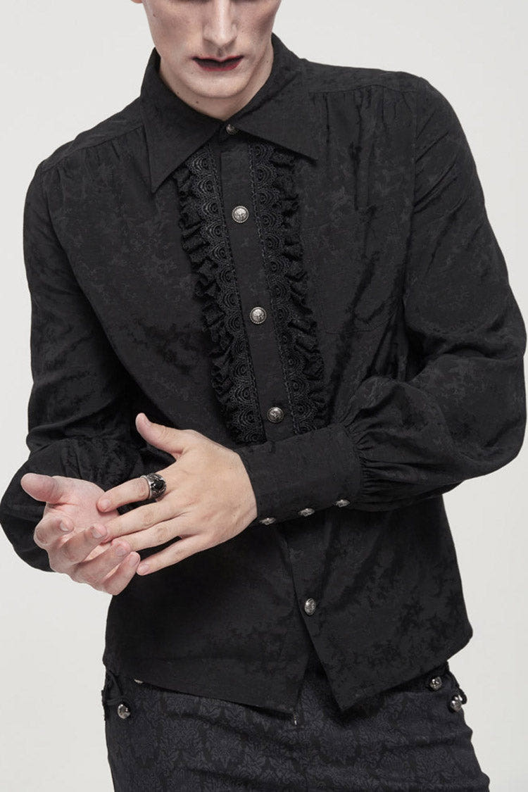 Black Gothic Metal Pattern Buckle Long Sleeve Pleated Lace Lantern Shape Printing Pattern Men's Shirt - Black - 1