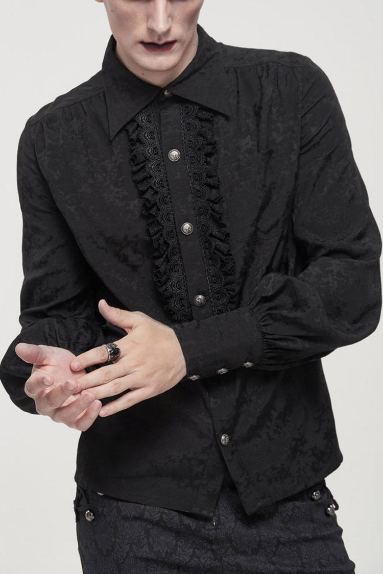 Black Gothic Metal Pattern Buckle Long Sleeve Pleated Lace Lantern Shape Printing Pattern Men's Shirt - Black - 1