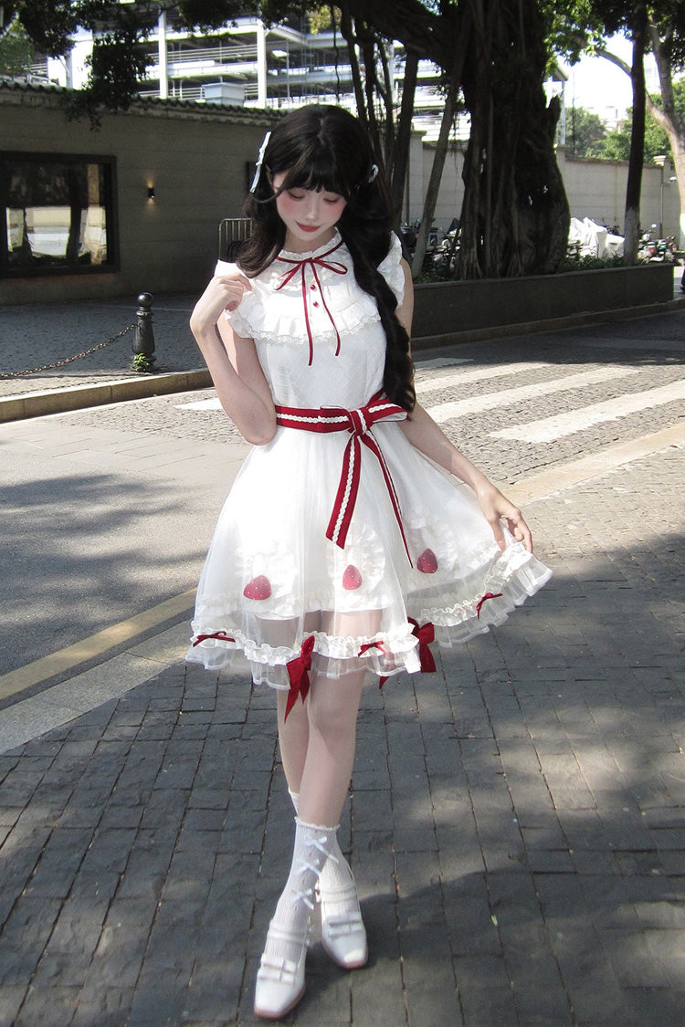 Ivory [Strawberry Mousse Cake] Stand Collar Sleeveless Mesh Ruffled Bow Lace Sweet Lolita Dress - Product - 6