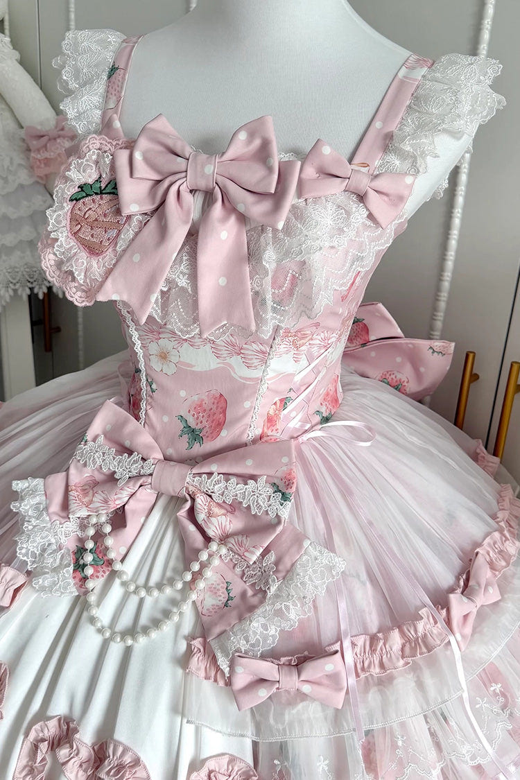 Pink [Berry Sweet Wish] Square Collar Printed Ruffled Open-Front Bow Lace Pearl-Decorated Sweet Lolita Jsk Dress Set - Product - 8