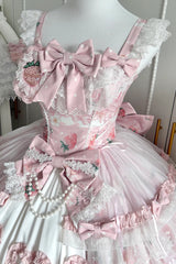 Pink [Berry Sweet Wish] Square Collar Printed Ruffled Open-Front Bow Lace Pearl-Decorated Sweet Lolita Jsk Dress Set - Product - 8