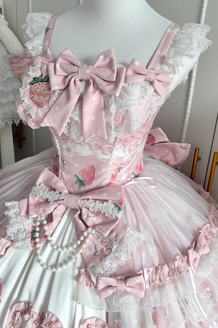 Pink [Berry Sweet Wish] Square Collar Printed Ruffled Open-Front Bow Lace Pearl-Decorated Sweet Lolita Jsk Dress Set - Product - 8