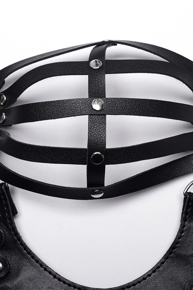 Black Faux Leather Hollow Lace-Up Detachable Women's Steampunk Lingerie - Product - 6