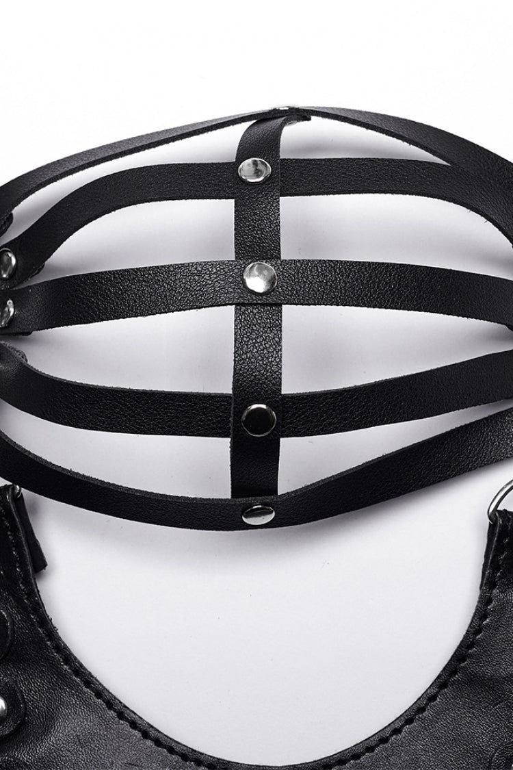 Black Faux Leather Hollow Lace-Up Detachable Women's Steampunk Lingerie - Product - 6