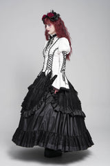 White Stand Collar Long Puff Sleeves Floral Jacquard Lace-Up Women's Gothic Blouse - Product - 6
